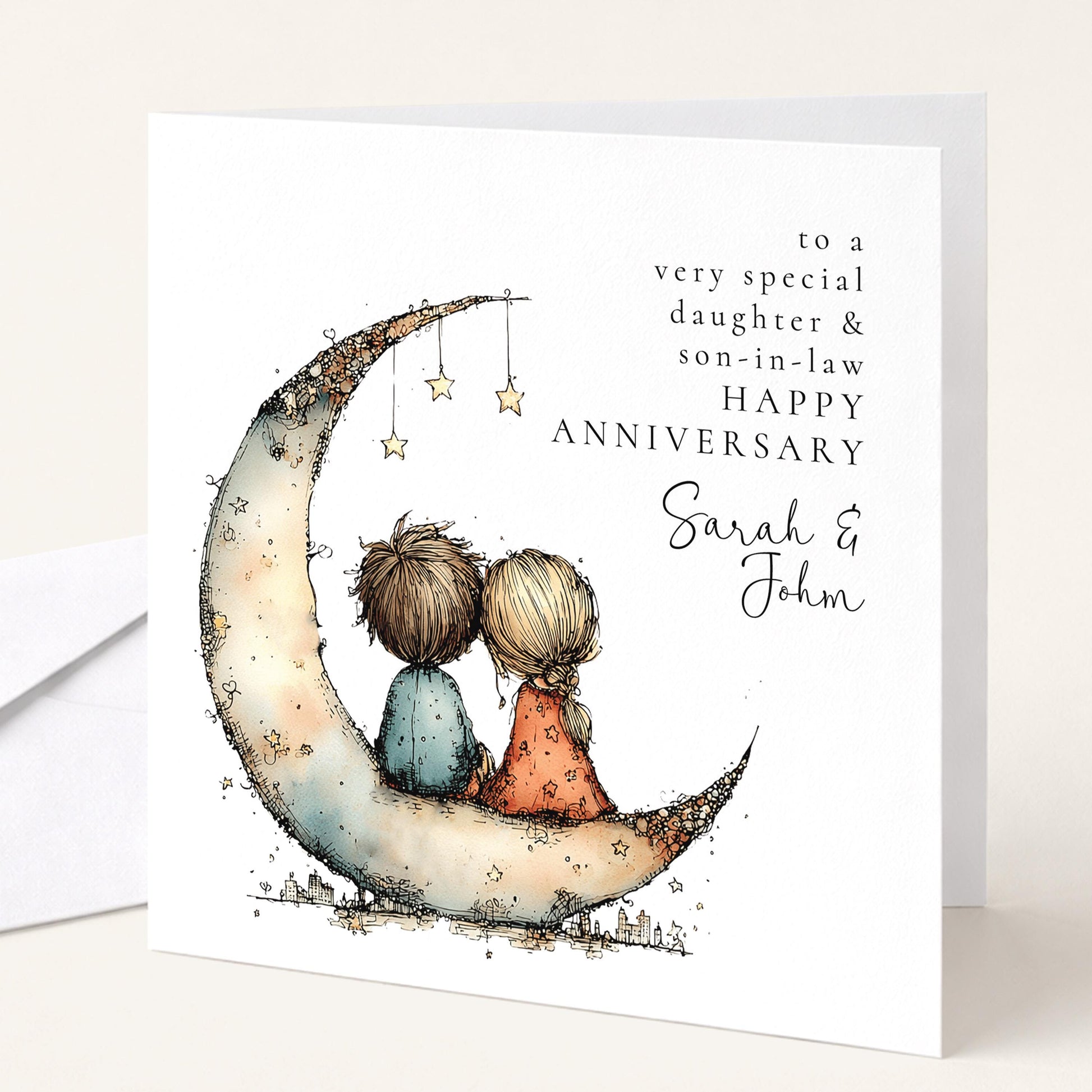An elegant anniversary card for daughter & son-in-law, personalised with names, printed on 300gsm card
