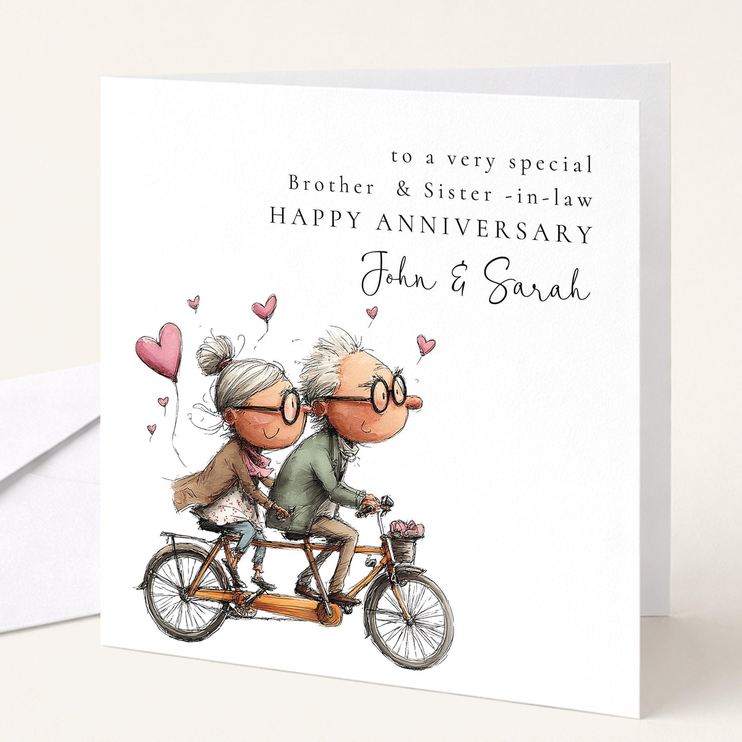 An elegant script anniversary card for brother & sister-in-law, personalised with names, printed on 300gsm card