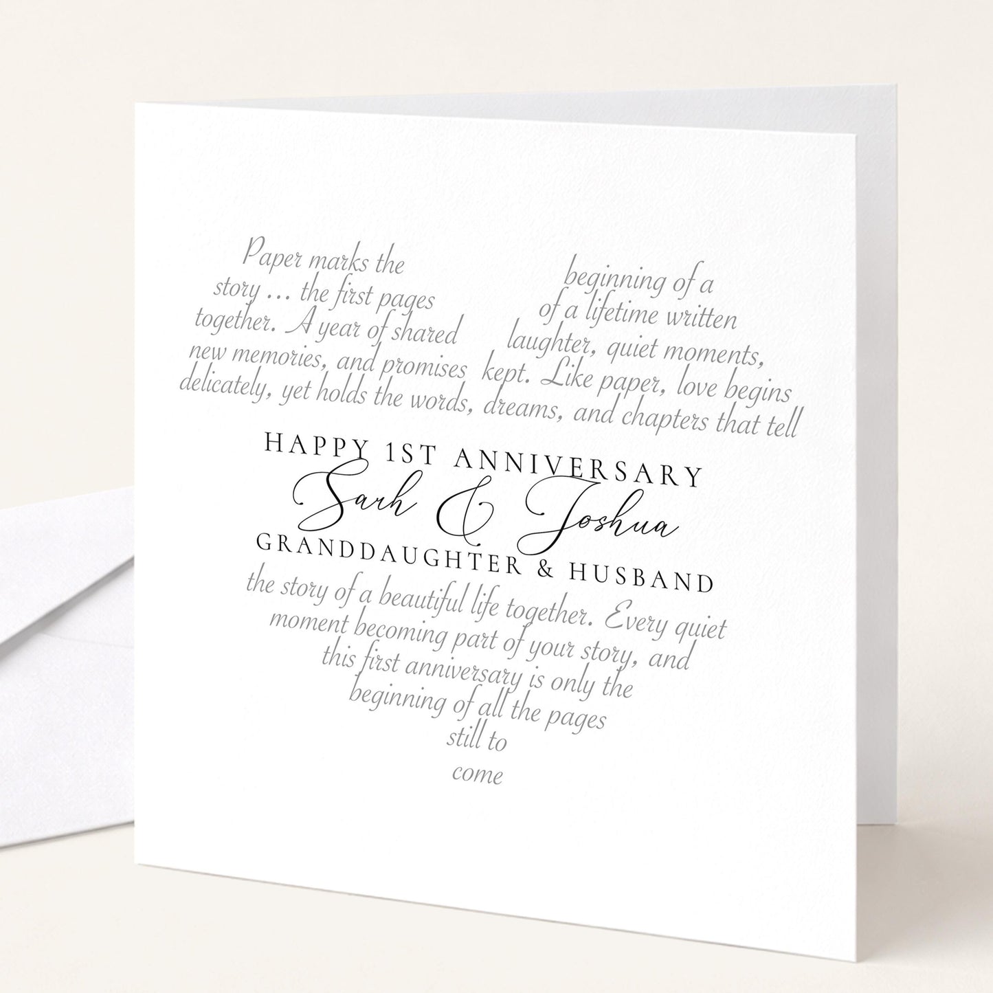 A modern 1st anniversary card for granddaughter & husband, personalised with names, printed on 300gsm card
