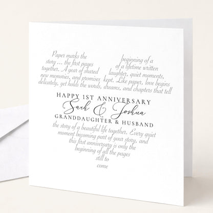 A modern 1st anniversary card for granddaughter & husband, personalised with names, printed on 300gsm card