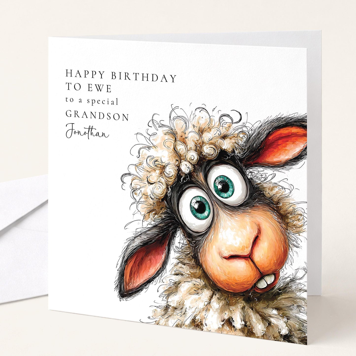 Funny Grandson Birthday Card, Happy Birthday To Ewe Personalised Grandson Card, Sheep Pun Card for Boy, Cute Animal Birthday Card Him