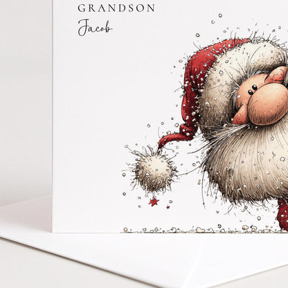 A classic personalised Christmas card for Grandson, personalised with his name, printed on 300gsm card