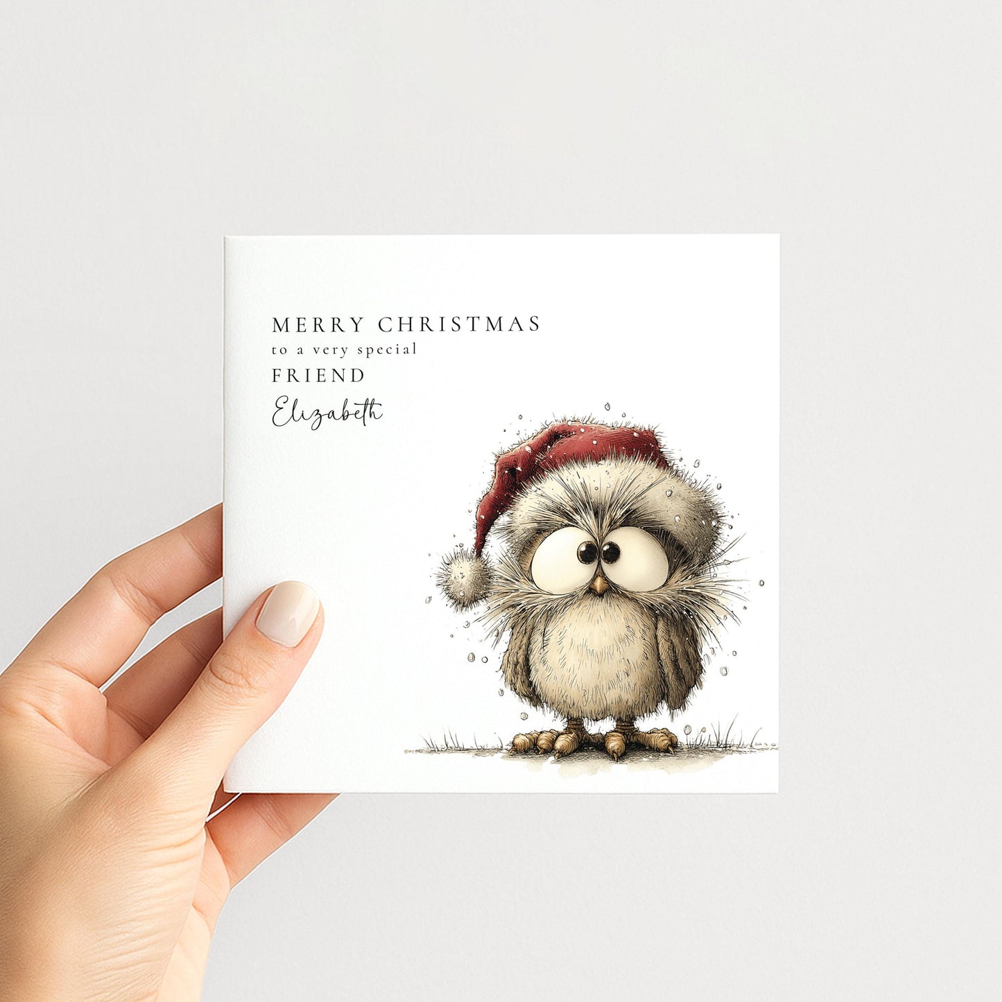 Scruffy Santa hat owl Christmas card for a special friend, personalised with her name, printed on 300gsm card