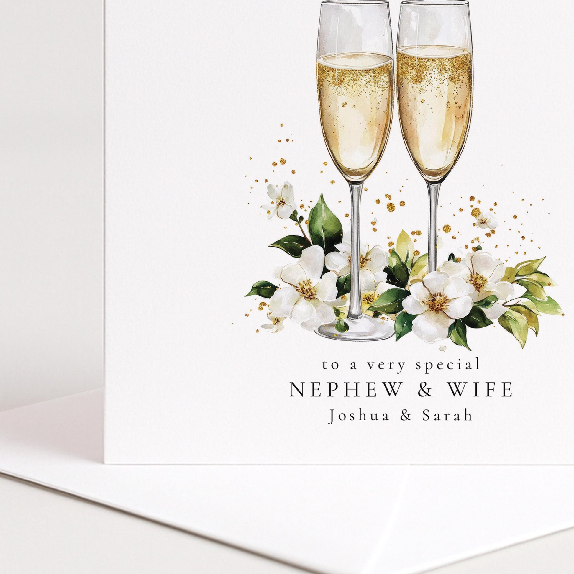 A classic anniversary card for nephew & wife, personalised with names, printed on 300gsm card