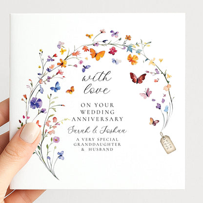 A modern anniversary card for granddaughter & husband, personalised with names, printed on 300gsm card