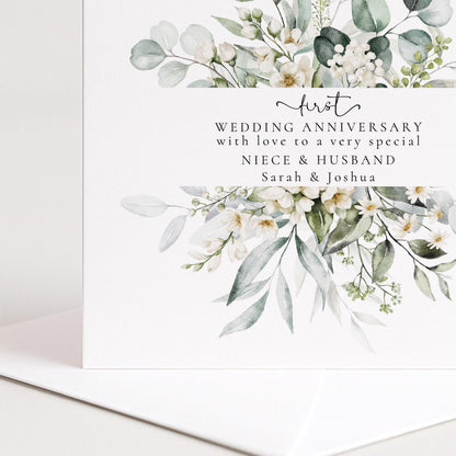 1st Anniversary Card for Niece & Husband — Moon & Stars Couple Design