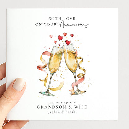 Anniversary Card for Grandson & Wife — Champagne Toast Design