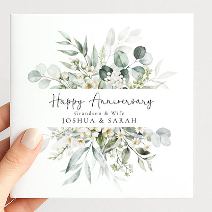 Anniversary Card for Grandson & Wife — Eucalyptus Greenery Design