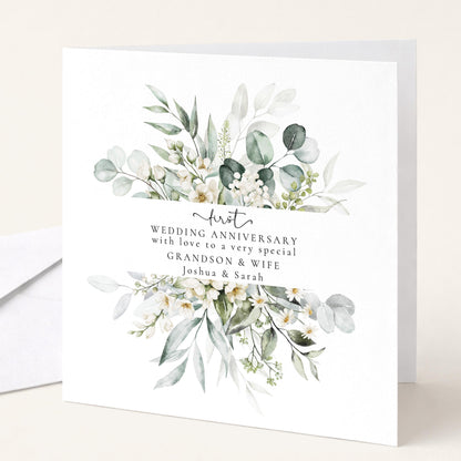 1st Wedding Anniversary Card for Grandson & Wife — Moon & Stars Couple Design