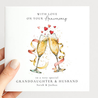 An elegant personalised anniversary card, personalised with names, printed on 300gsm card