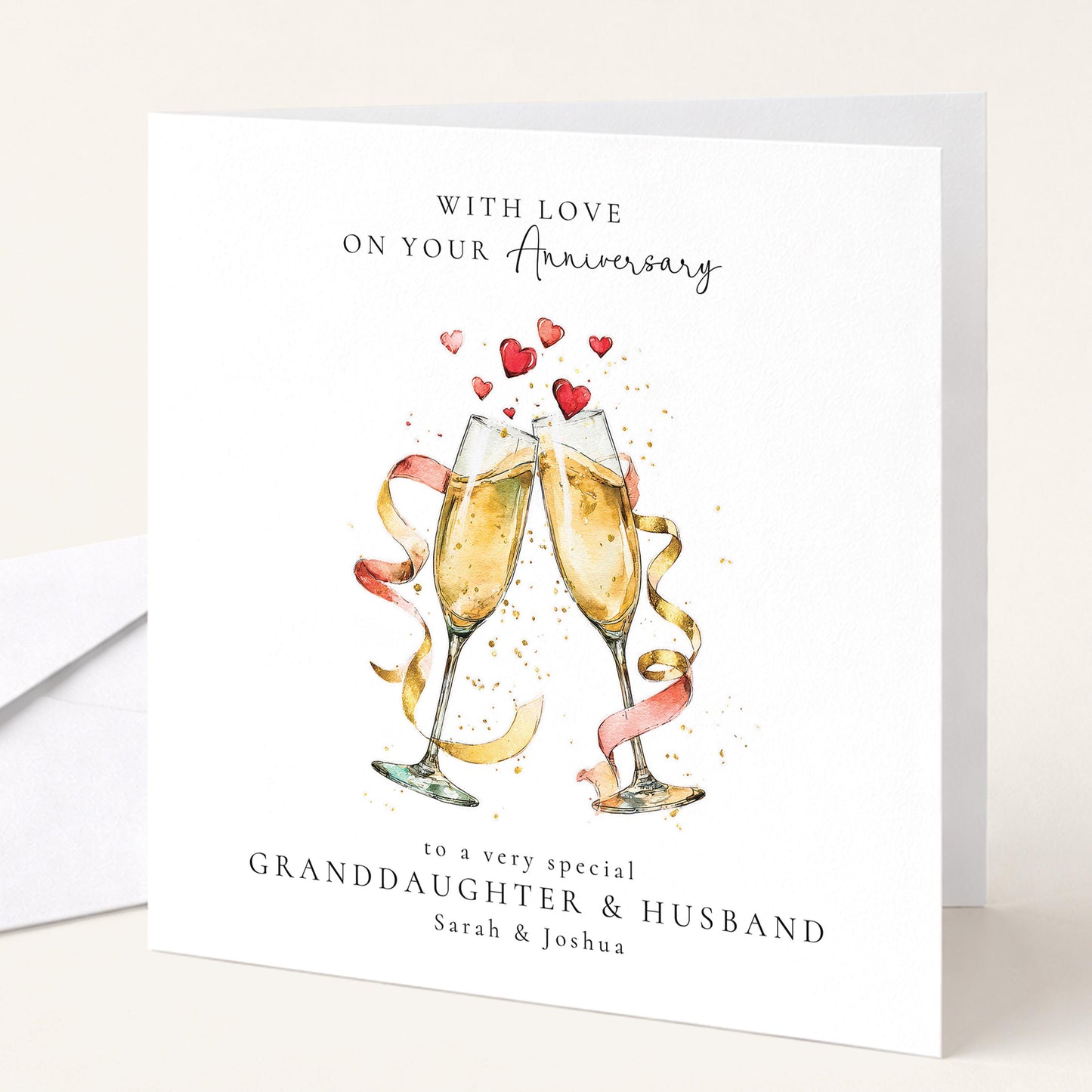 An elegant personalised anniversary card, personalised with names, printed on 300gsm card