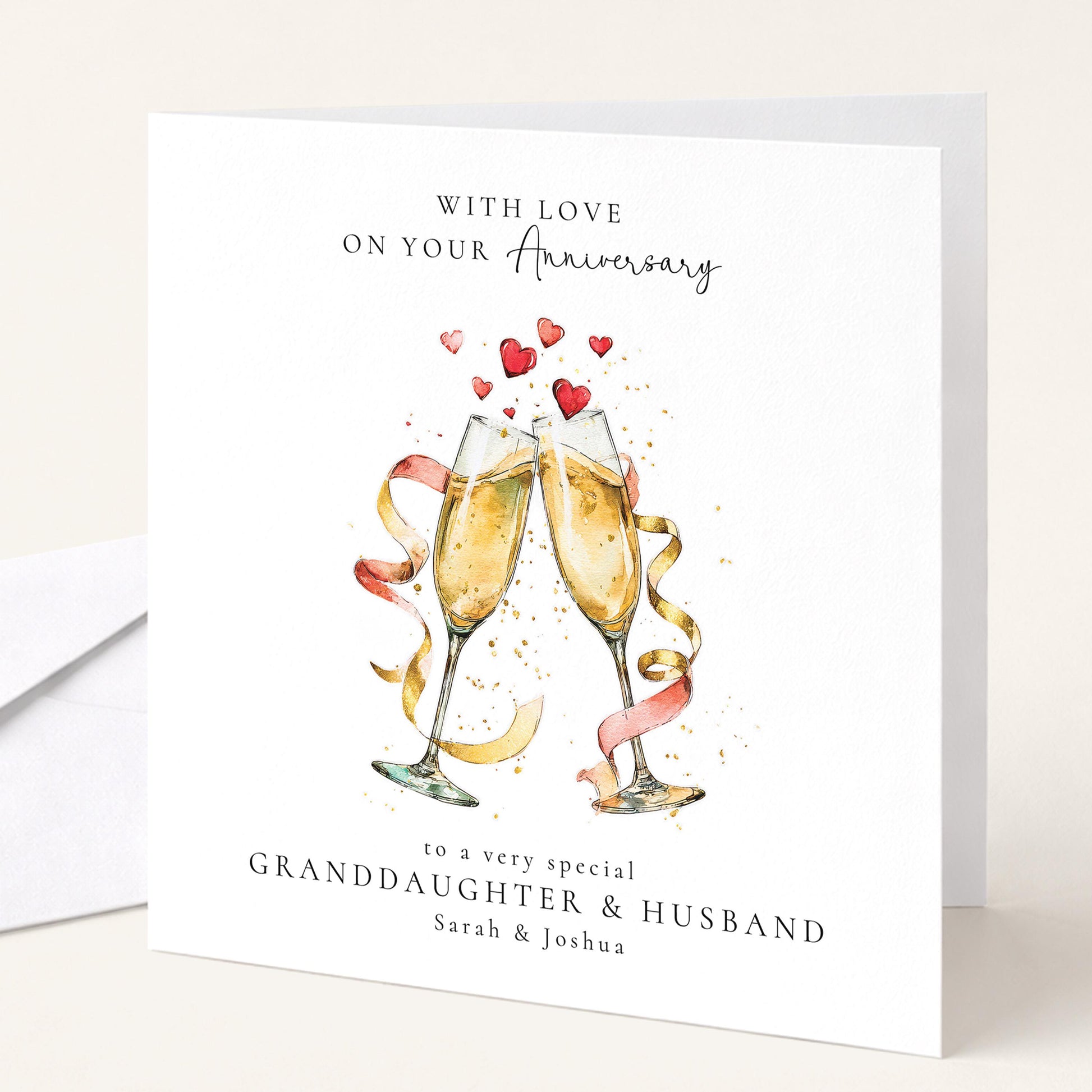 An elegant personalised anniversary card, personalised with names, printed on 300gsm card