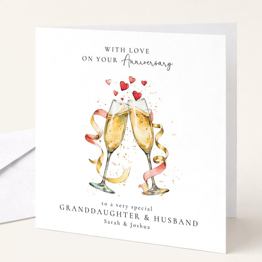 An elegant personalised anniversary card, personalised with names, printed on 300gsm card