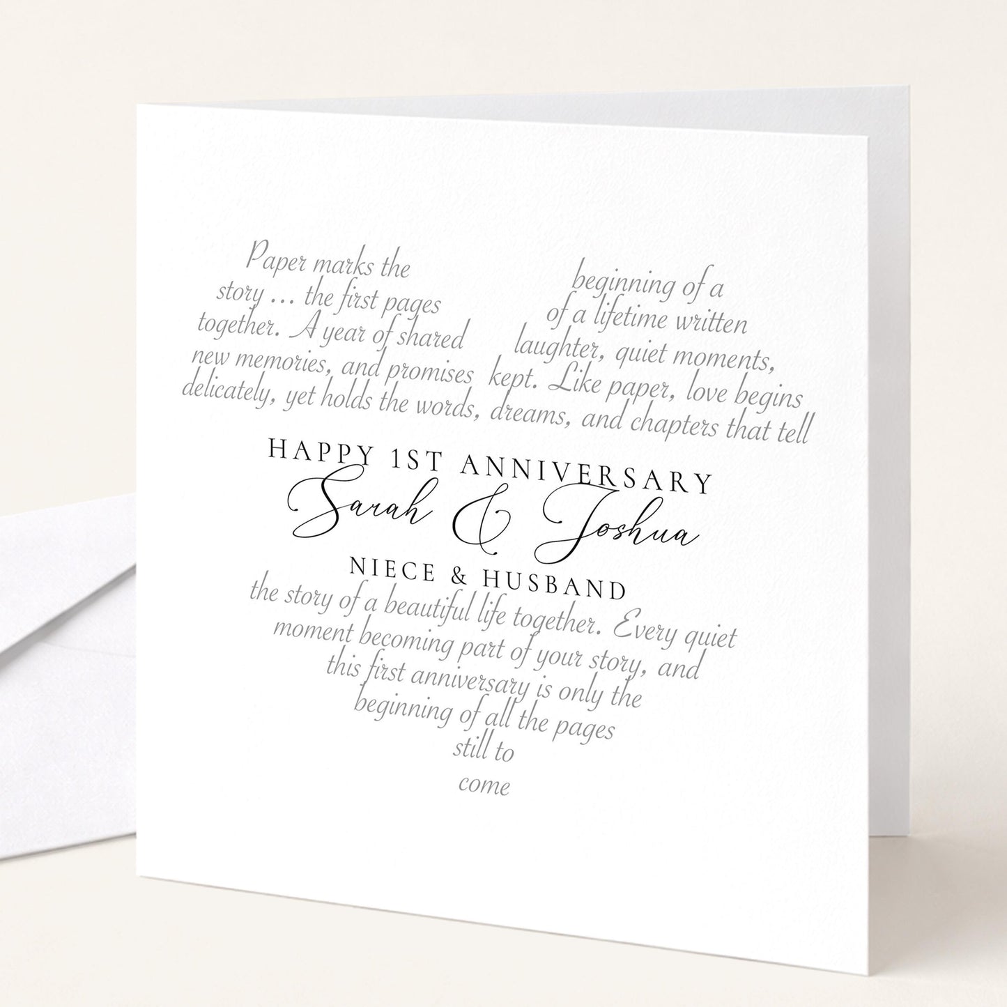 The image is a white card with text that reads "Happy 1st Anniversary Sarah & Joshua Niece & Husband" and "The story of a lifetime written together... A year of shared laughter, quiet moments, new memories, and promises kept. Like paper, love begins delicately, yet holds the words, dreams, and chapters that tell the story of a beautiful life together. Every quiet moment becoming a part of your story, and this first anniversary is only the beginning of all the pages still to come.&
