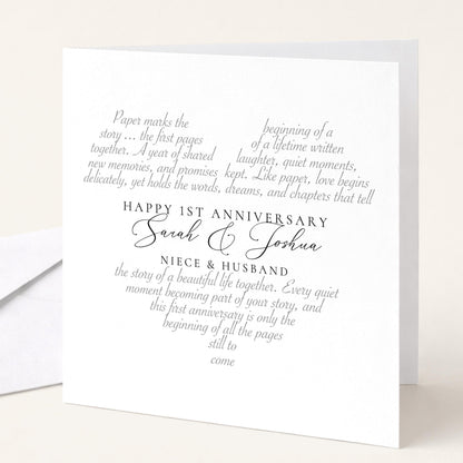 The image is a white card with text that reads "Happy 1st Anniversary Sarah & Joshua Niece & Husband" and "The story of a lifetime written together... A year of shared laughter, quiet moments, new memories, and promises kept. Like paper, love begins delicately, yet holds the words, dreams, and chapters that tell the story of a beautiful life together. Every quiet moment becoming a part of your story, and this first anniversary is only the beginning of all the pages still to come.&