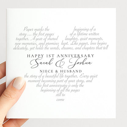 The image is a white card with text that reads "Happy 1st Anniversary Sarah & Joshua" and "Niece & Husband". The text is written in a cursive font and is placed in the center of the card.