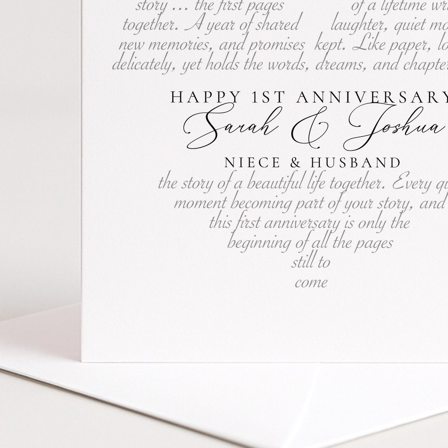 The image is a wedding invitation card for a first anniversary celebration. It features a couple's names, Sarah and Joshua, along with the names of their nieces and husband. The text on the card is a heartfelt message expressing love and appreciation for the couple, celebrating their first anniversary together.