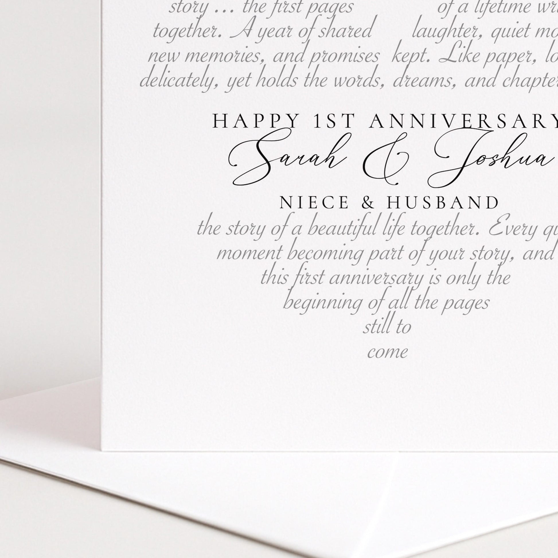 The image is a wedding invitation card for a first anniversary celebration. It features a couple's names, Sarah and Joshua, along with the names of their nieces and husband. The text on the card is a heartfelt message expressing love and appreciation for the couple, celebrating their first anniversary together.