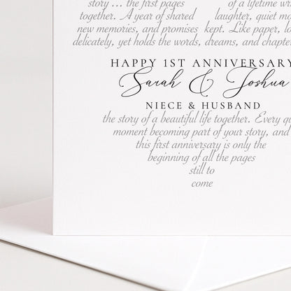 The image is a wedding invitation card for a first anniversary celebration. It features a couple's names, Sarah and Joshua, along with the names of their nieces and husband. The text on the card is a heartfelt message expressing love and appreciation for the couple, celebrating their first anniversary together.