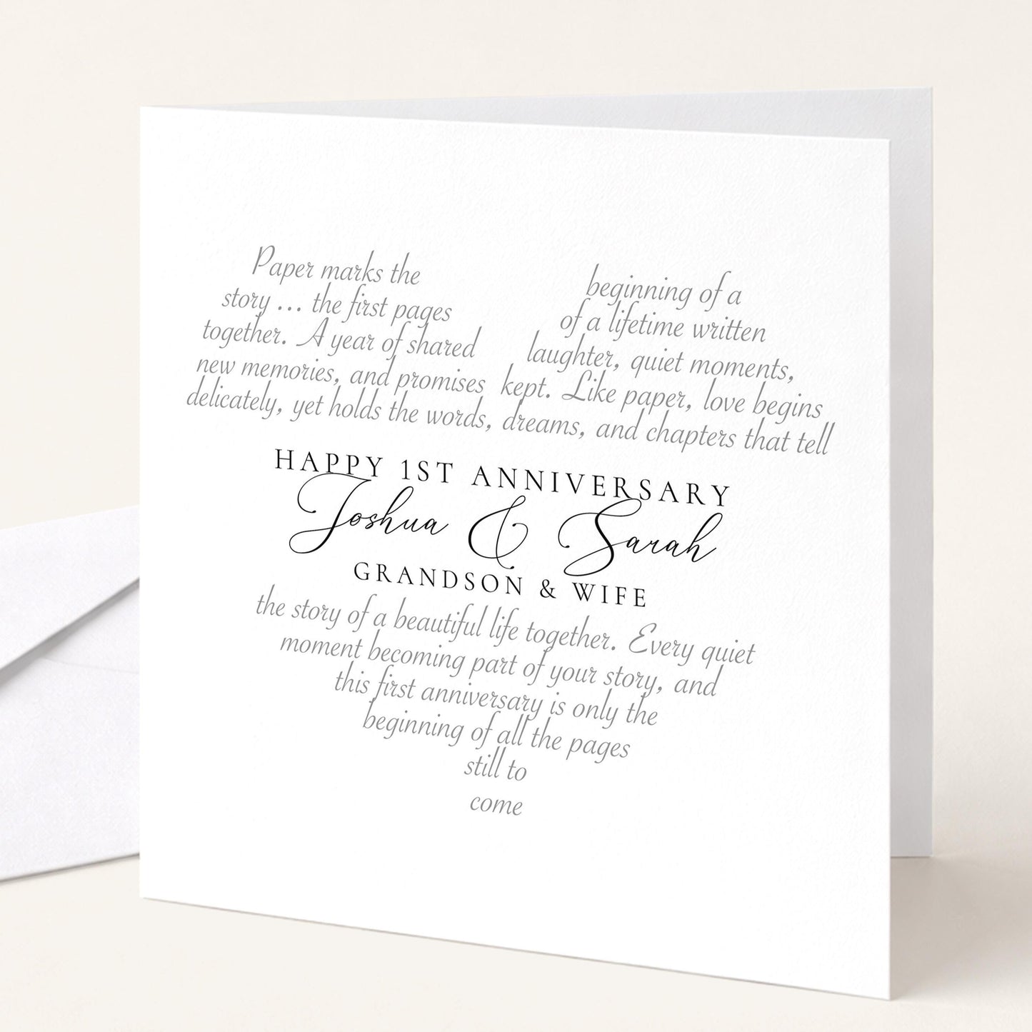 The image is a white card with black text, celebrating the 1st anniversary of Joshua & Sarah, their grandfather & wife.