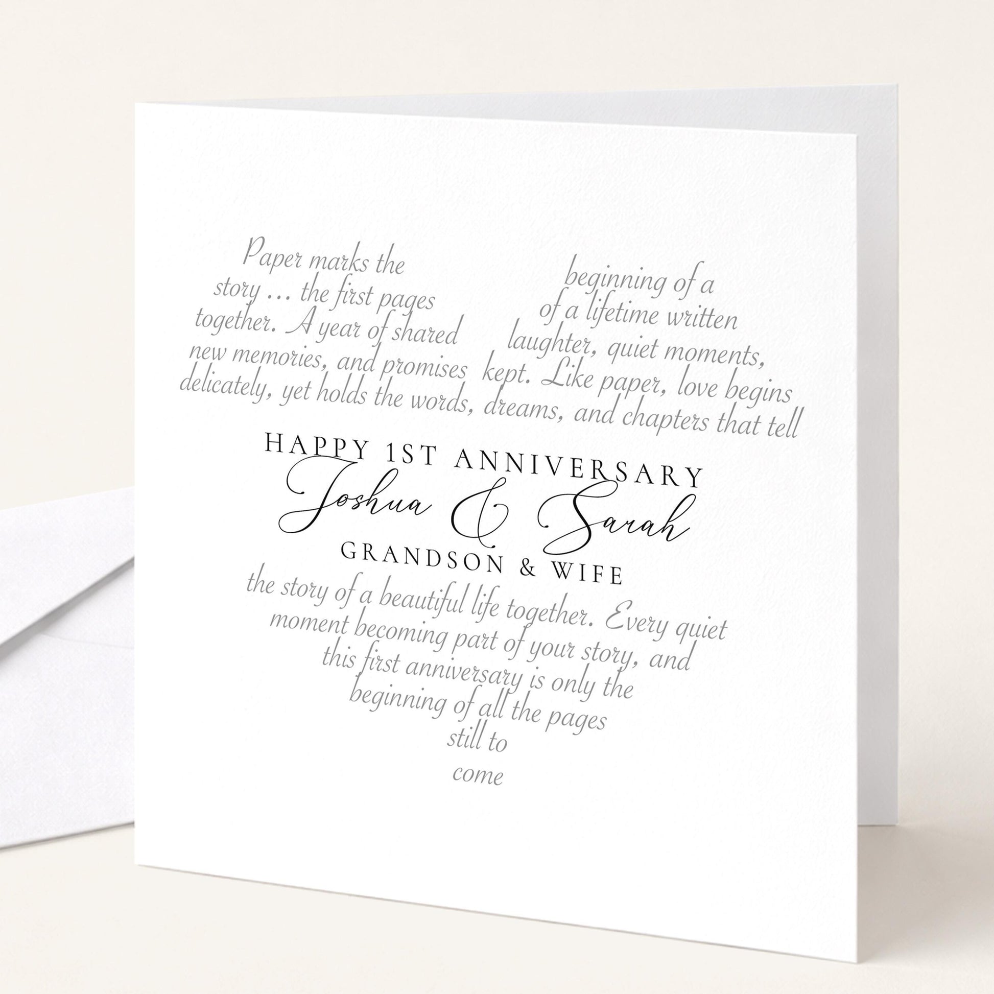 The image is a white card with black text, celebrating the 1st anniversary of Joshua & Sarah, their grandfather & wife.