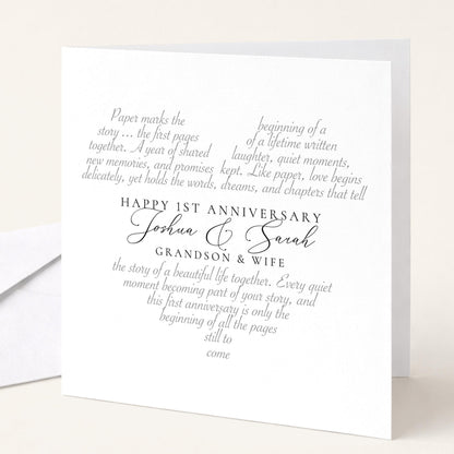 The image is a white card with black text, celebrating the 1st anniversary of Joshua & Sarah, their grandfather & wife.