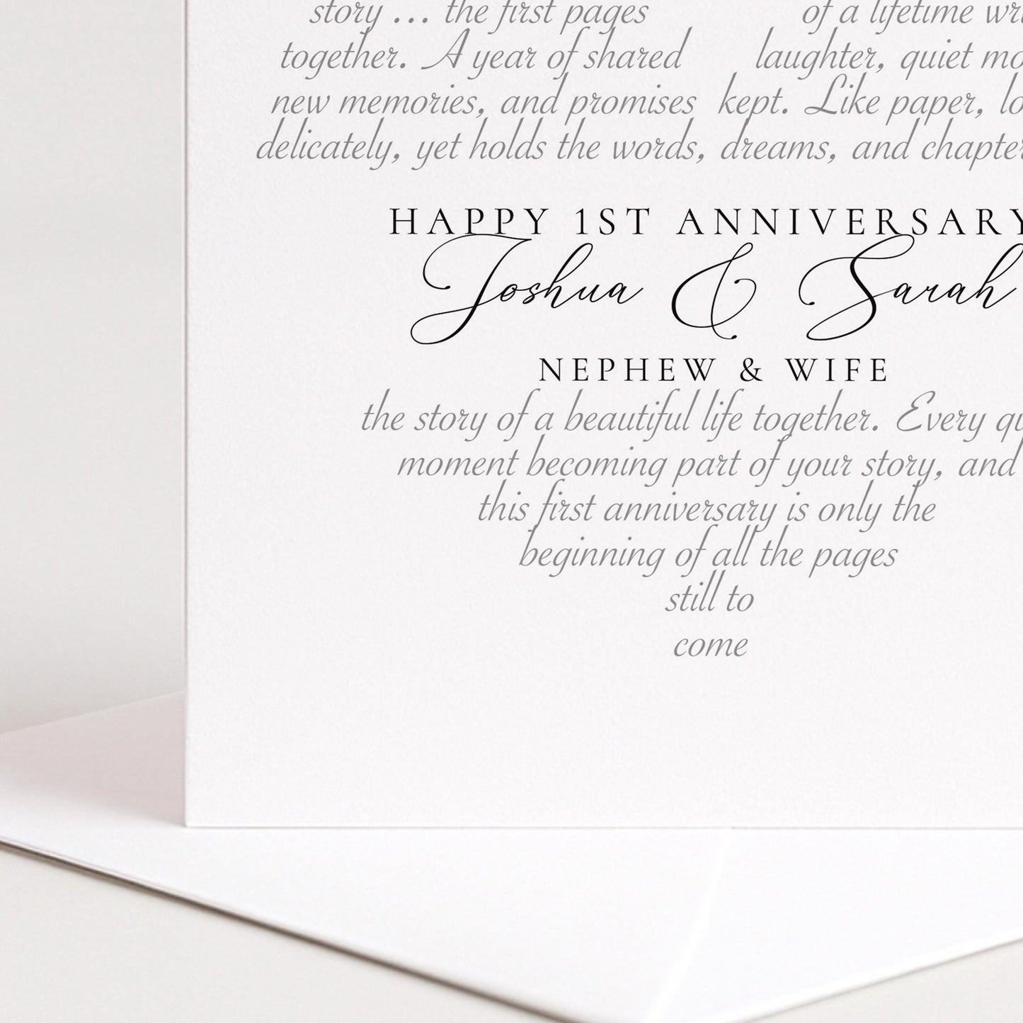 a text message celebrating the first anniversary of Joshua and Sarah, with a message from their nephew and wife.