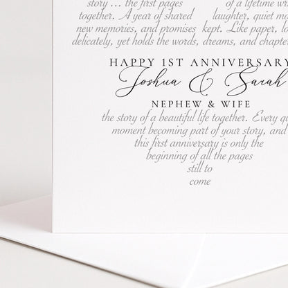 a text message celebrating the first anniversary of Joshua and Sarah, with a message from their nephew and wife.