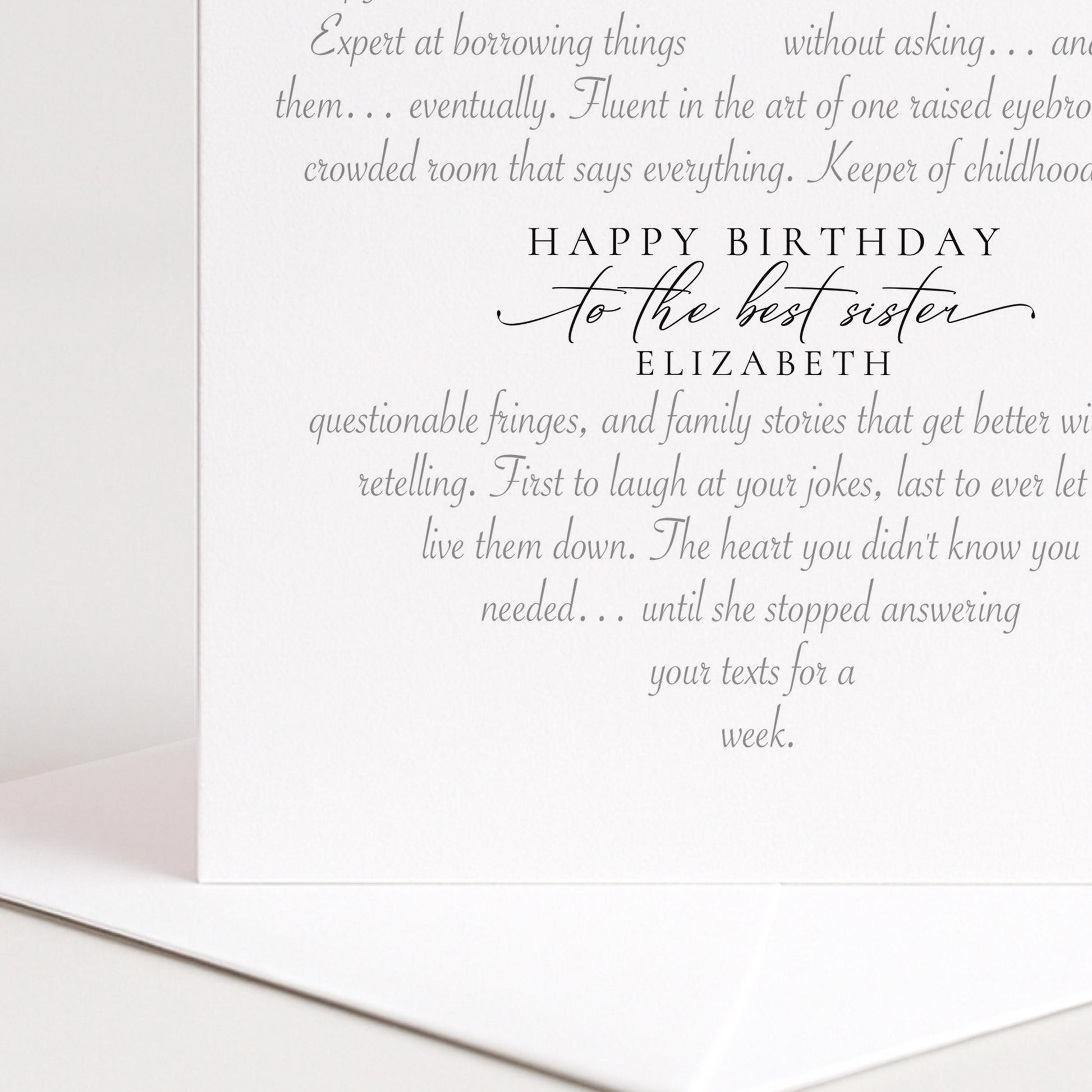Personalised Sister Birthday Card, Heart-Shaped Poem Verse, Funny Witty Card for Sister, Elegant Script, 300gsm, UK Made