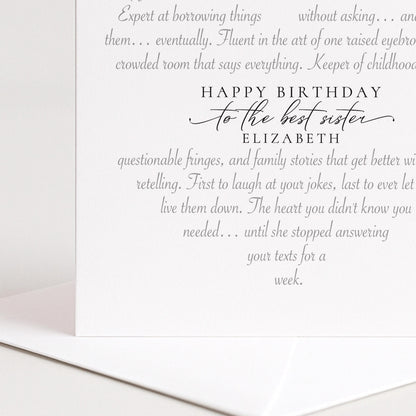 Personalised Sister Birthday Card, Heart-Shaped Poem Verse, Funny Witty Card for Sister, Elegant Script, 300gsm, UK Made