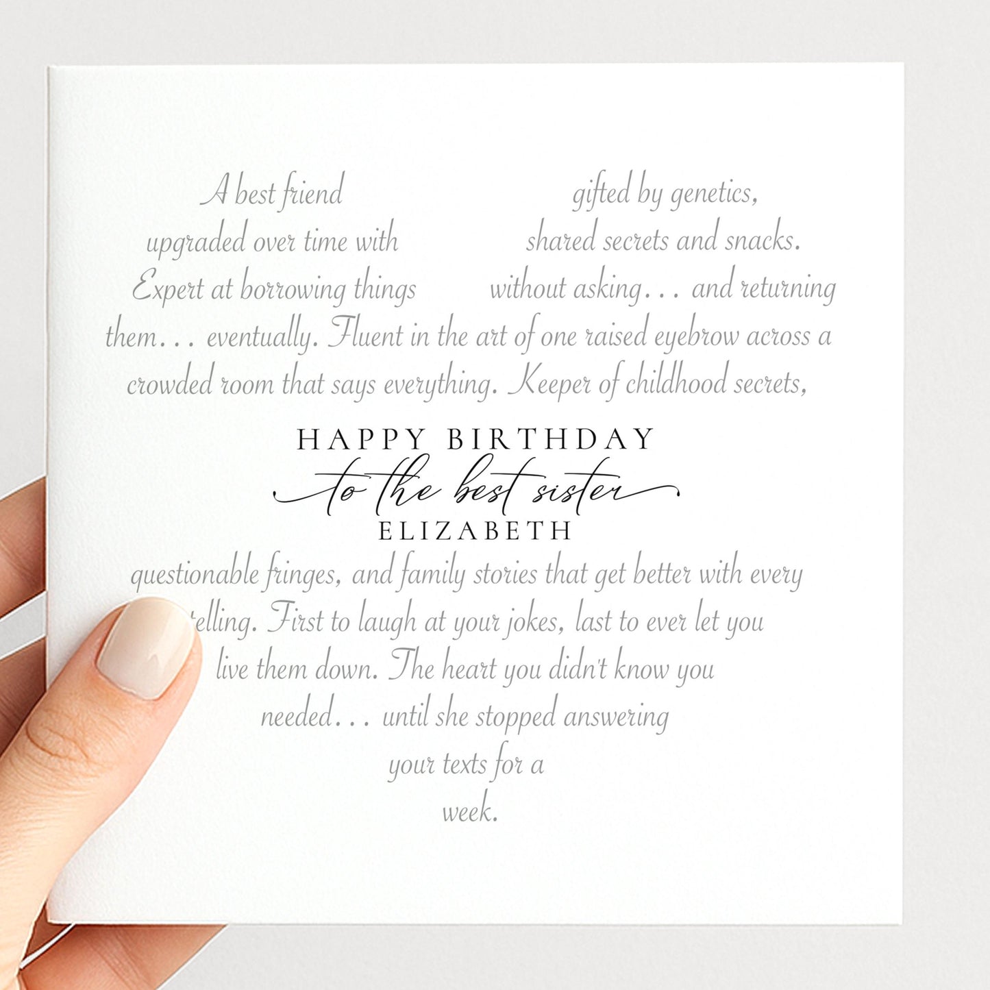 Personalised Sister Birthday Card, Heart-Shaped Poem Verse, Funny Witty Card for Sister, Elegant Script, 300gsm, UK Made