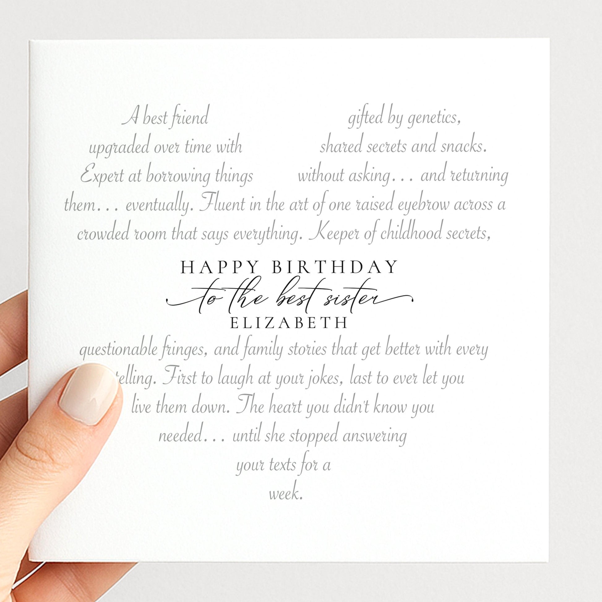 Personalised Sister Birthday Card, Heart-Shaped Poem Verse, Funny Witty Card for Sister, Elegant Script, 300gsm, UK Made