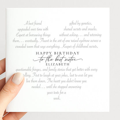 Personalised Sister Birthday Card, Heart-Shaped Poem Verse, Funny Witty Card for Sister, Elegant Script, 300gsm, UK Made