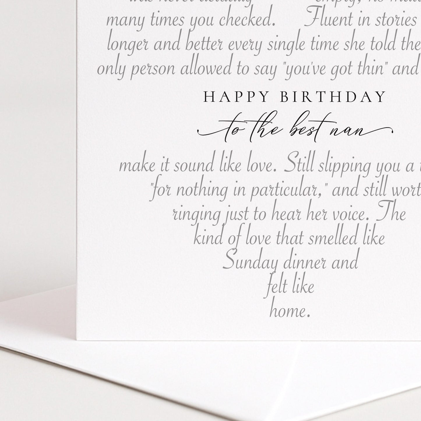 Birthday Nan Card, Heart Shaped Poem Verse Sentimental Card for Nan Elegant Script 300gsm Card UK Made