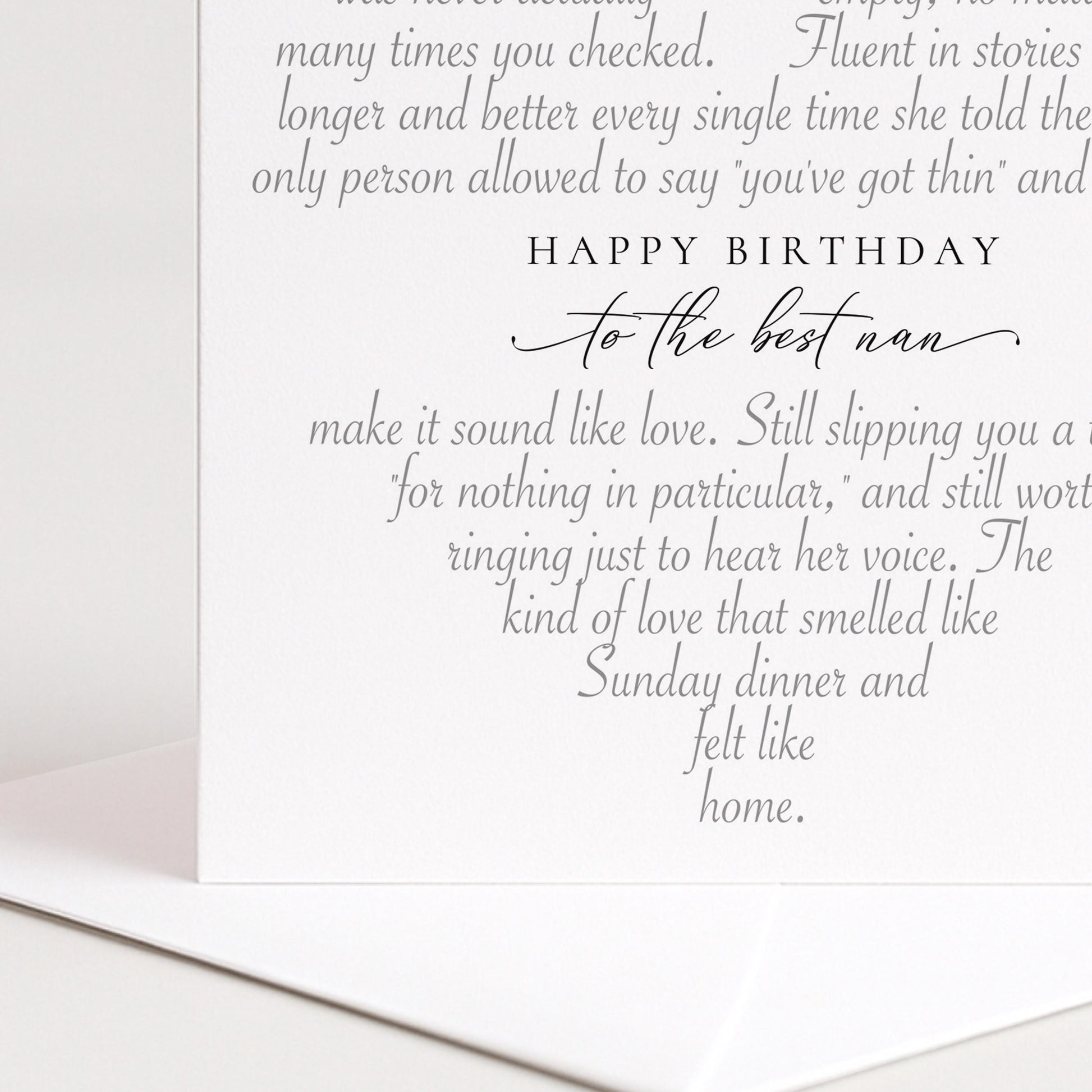 Birthday Nan Card, Heart Shaped Poem Verse Sentimental Card for Nan Elegant Script 300gsm Card UK Made