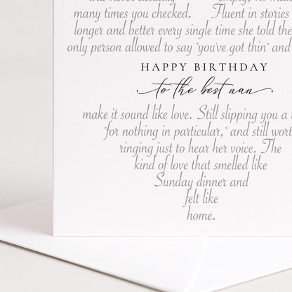 Birthday Nan Card, Heart Shaped Poem Verse Sentimental Card for Nan Elegant Script 300gsm Card UK Made
