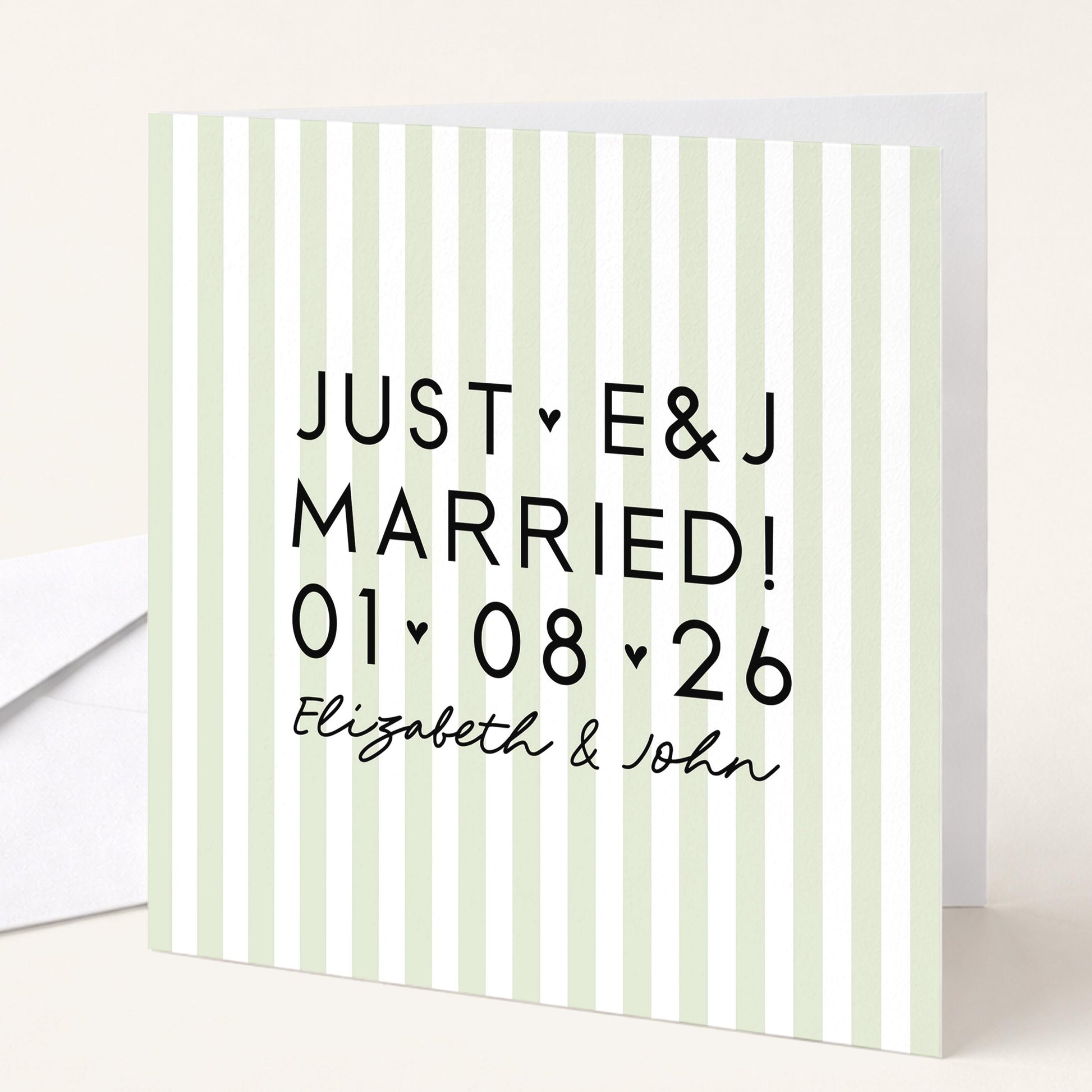Personalised Wedding Card Sage Green Stripe Just Married Initials Date Names Elegant