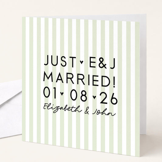 Personalised Wedding Card Sage Green Stripe Just Married Initials Date Names Elegant