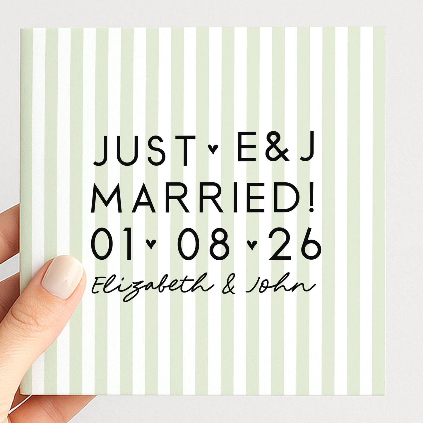 Personalised Wedding Card Sage Green Stripe Just Married Initials Date Names Elegant