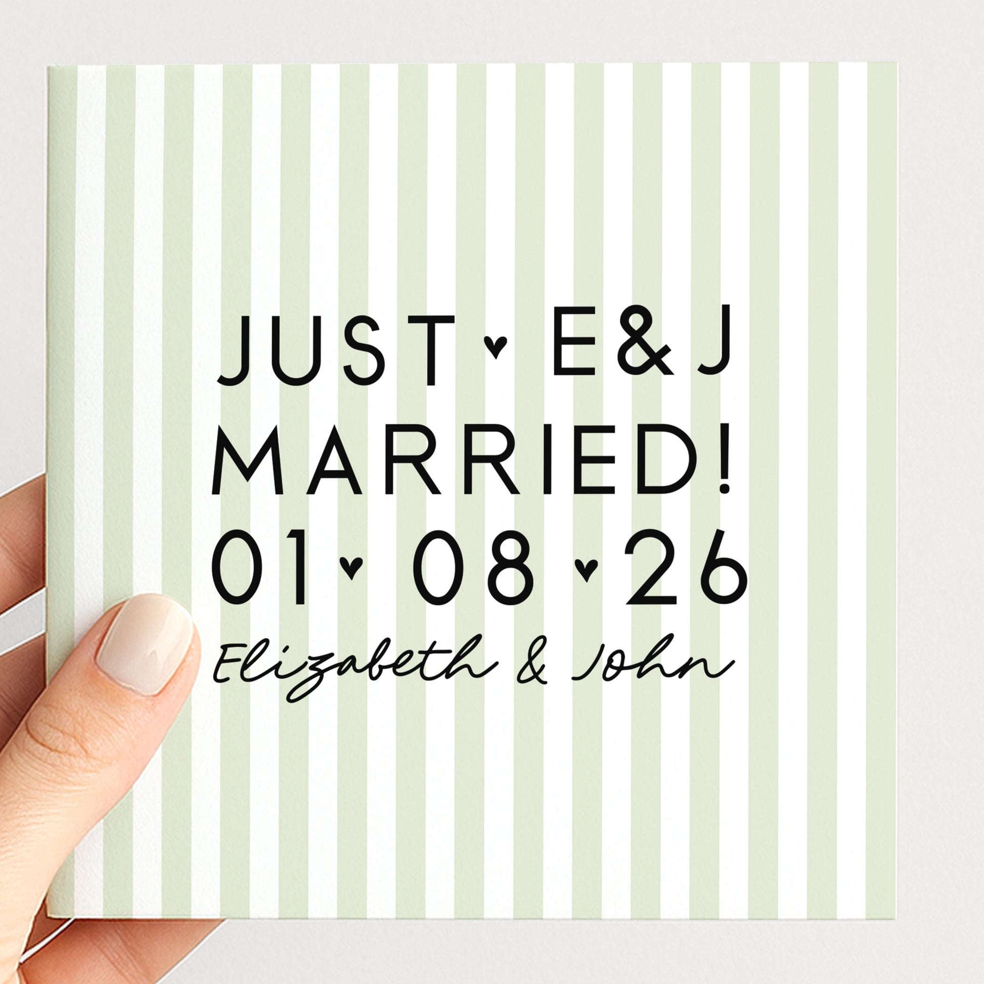 Personalised Wedding Card Sage Green Stripe Just Married Initials Date Names Elegant