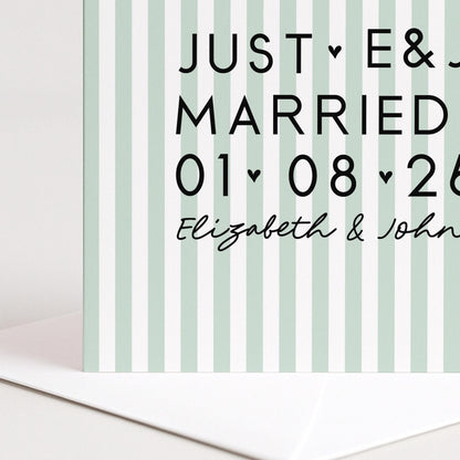 Personalised Wedding Card Aqua Stripe Just Married Initials Date Names Elegant