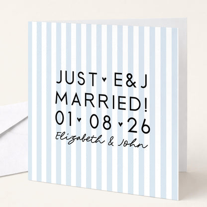 Personalised Wedding Card Blue Stripe Just Married Initials Date Names Modern