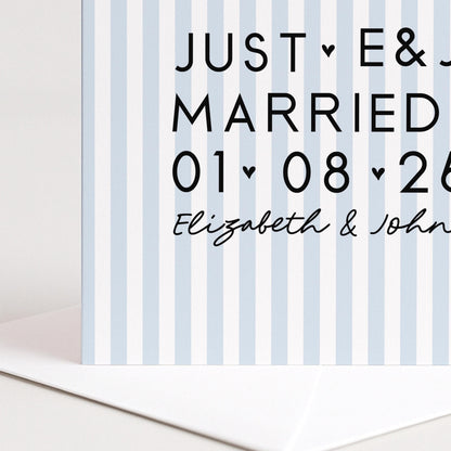 Personalised Wedding Card Blue Stripe Just Married Initials Date Names Modern