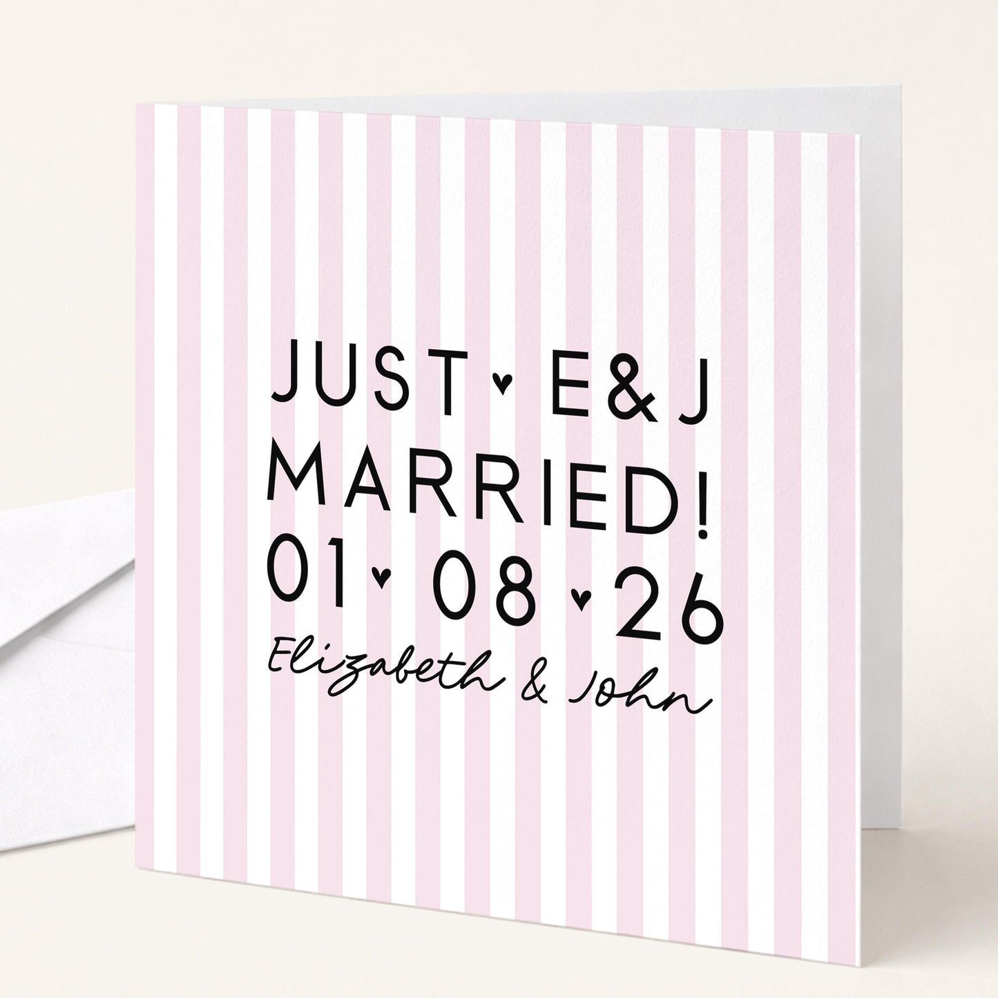 Personalised Wedding Card Pink Stripe Just Married Initials Date Names Elegant