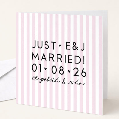 Personalised Wedding Card Pink Stripe Just Married Initials Date Names Elegant