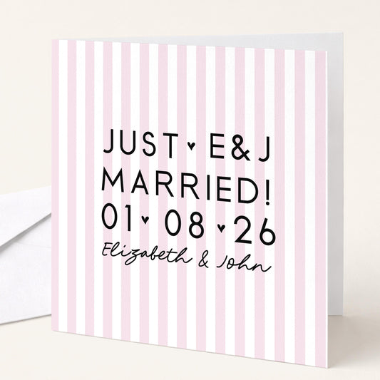 Personalised Wedding Card Pink Stripe Just Married Initials Date Names Elegant