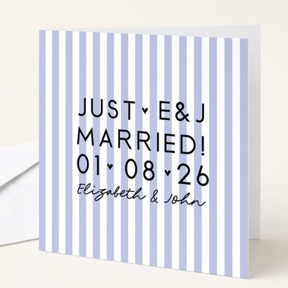 Personalised Wedding Card Purple Stripe Just Married Initials Date Names