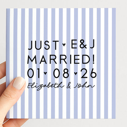 Personalised Wedding Card Purple Stripe Just Married Initials Date Names