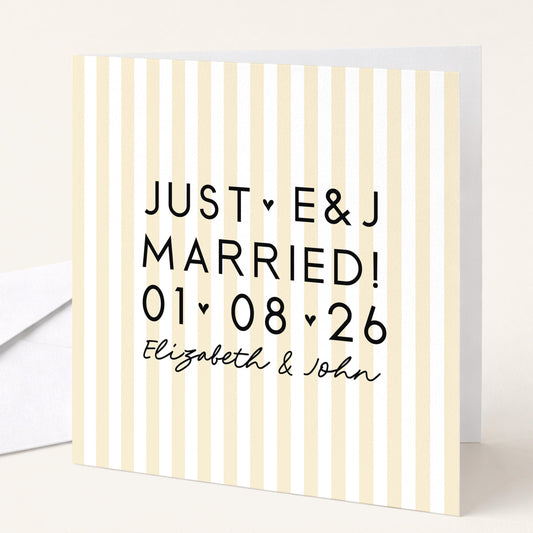 Personalised Wedding Card Yellow Stripe Just Married Initials Date Names
