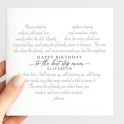 Personalised Step Mum Birthday Card Heart Shaped Poem Verse Sentimental Card Elegant Script 300gsm UK Made